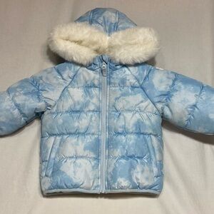 OSH KOSH GIRLS BLUE PUFFER COAT JACKET HOOD FAUX FUR TRIM FLEECE LINED SIZE 2T